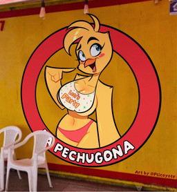 anthro beak big_breasts blue_eyes blush breasts clothing female panties parody pink_clothing pink_panties pink_underwear smile solo text thick_thighs underwear yellow_body psicoyote five_nights_at_freddy's five_nights_at_freddy's_2 la_pechugona scottgames toy_chica_(fnaf) avian bird chicken galliform phasianid english_text hi_res spanish_text