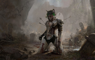 anthro armor arrow_(weapon) blood bodily_fluids broken_armor cemetery detailed_background fog genitals gore hair hurt_expression male messy_hair nosebleed plant ranged_weapon realistic solo tombstone tree weapon wounded sasha_shkip dark_souls fromsoftware canid canine canis domestic_dog mammal 2025 detailed digital_media_(artwork)