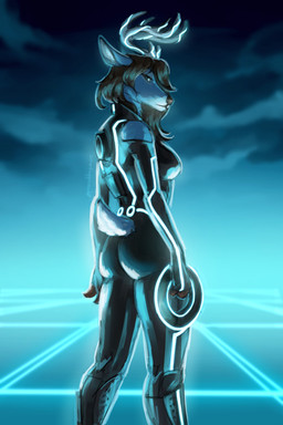 anthro antlers biped blue_body blue_fur breasts brown_hair clothed clothing cosplay countershading female fur glowing glowing_antlers glowing_clothing grid_floor hair hooves horn identity_disc looking_at_viewer looking_back looking_back_at_viewer medium_breasts sky solo pretzeldragonart tron tron:_legacy luna_(lunaisadeer) deer mammal 2026 2:3 absurd_res colored digital_drawing_(artwork) digital_media_(artwork) full-length_portrait hi_res portrait signature trans_(lore) trans_woman_(lore)