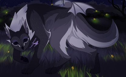 ambiguous_gender back_wings beak black_body black_fur digitigrade ear_tuft eyeshadow facial_markings feathers feral fur grey_body grey_fur head_markings inner_ear_fluff lowered_head makeup markings mouth_closed night outside pawpads paws plant raised_leg side_view sky solo tail tuft white_body white_fur wings nelly's_illustrations mythology vanya_(nelly's_illustrations) avian barn_owl bird canid canine canis grimowl hybrid mammal owl tyto tytonid wolf absurd_res digital_media_(artwork) hi_res