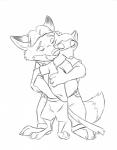 4_fingers anthro anthro_on_anthro arm_tuft bottomwear cheek_tuft clothed clothing duo elbow_tuft eyebrows eyes_closed facial_tuft fingers front_view fully_clothed fur grope hair hand_in_pants hug humanoid_hands inner_ear_fluff interspecies kissing larger_anthro larger_male love male male/male romantic romantic_couple shirt simple_background size_difference slightly_chubby slim smaller_anthro smaller_male standing topwear tuft white_background the_giant_hamster disney zootopia gideon_grey travis_(zootopia) black-footed_ferret canid canine fox mammal mustelid musteline red_fox true_fox true_musteline weasel absurd_res hi_res monochrome