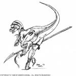 ambiguous_gender anus claws feral long_neck melee_weapon polearm pubic_boot solo spear tail tail_anus tailbutt tapering_tail text thick_tail tribal weapon wide_crotch baron_engel dinosaur dromaeosaurid prehistoric_species reptile scalie theropod velociraptor 1994 black_and_white english_text hi_res monochrome traditional_media_(artwork)