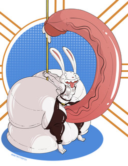 anthro balls big_balls big_butt big_penis butt chaps clothing fishnet_clothing fishnet_topwear genitals huge_balls huge_butt huge_penis hyper hyper_balls hyper_butt hyper_genitalia hyper_penis male penis pole solo stripper_pole topwear metrothefox sam_and_max max_(sam_and_max) lagomorph leporid mammal rabbit absurd_res hi_res