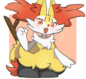 3_fingers ambiguous_anthro ambiguous_background ambiguous_gender anthro arm_tuft biped black_legs blush blush_lines border breasts cheek_tuft chest_tuft dipstick_tail eyelashes facial_tuft featureless_breasts featureless_crotch female female_anthro fingers flesh_fang fluffy fluffy_tail front_view fur gesture hip_tuft inner_ear_fluff looking_at_viewer markings multicolored_body multicolored_fur neck_tuft nude nude_anthro nude_female object_in_tail open_mouth open_smile orange_body orange_eyes orange_fur orange_inner_ear_fluff orange_nose orange_tail_tip shoulder_tuft simple_background small_breasts smile snout solo standing stick stick_in_tail tail tail_markings tan_background tapering_snout thigh_gap tuft two_tone_tail white_background white_body white_border white_fur white_hands white_sclera yellow_body yellow_fur yellow_tail yakiniku628 nintendo pokemon braixen canid generation_6_pokemon mammal pokemon_(species) 2026 colored digital_drawing_(artwork) digital_media_(artwork) hi_res portrait three-quarter_portrait