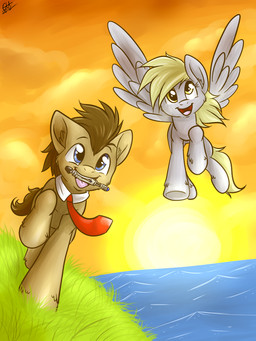 amber_eyes blonde_hair blue_eyes brown_body brown_fur brown_hair cloud derp_eyes duo feathered_wings feathers female feral flying fur grass grey_body grey_fur hair looking_at_viewer male mouth_hold necktie open_mouth outside plant shirt_collar short_hair sky smile sonic_screwdriver spread_wings sun tongue wings fizzy-dog british_broadcasting_corporation doctor_who friendship_is_magic hasbro my_little_pony mythology derpy_hooves_(mlp) doctor_whooves_(mlp) earth_pony equid equine horse mammal mythological_creature mythological_equine pegasus pony 2012 3:4 digital_media_(artwork) shaded signature
