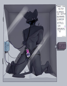 3_toes abandonment_play anthro arms_tied bdsm black_body black_fur bodily_fluids bondage bound cum cum_circulation cum_in_mouth cum_in_own_mouth cum_in_self cum_inside digital_display door erection feet fur genital_fluids genitals glass glass_door hair hands_behind_back imprisoned kneeling male mask one_eye_closed penile penis penis_milking penis_milking_machine purple_eyes shaking shivering solo toes polyhazards domestic_cat felid feline felis mammal hi_res signature