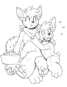 3_fingers anthro bowl claws collar container cuddling duo eating eyebrows eyelashes female fingers fluffy fluffy_tail food hankerchief male male/female nub_tail paws popcorn ring scared sitting tail teeth rick_griffin housepets! bailey_(housepets!) king_(housepets!) canid canine canis domestic_dog herding_dog husky mammal nordic_sled_dog pastoral_dog spitz welsh_corgi 2023 hi_res monochrome signature sketch