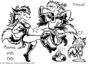 anthro attack ballbusting balls boots clothed clothing cock_and_ball_torture crotch_attack female footwear fully_clothed genital_torture genitals group heart_symbol kick male pain shoes tail vintage violence antti_remes karri_aronen thieves_with_tails kwisten sirah asinus canid canine donkey equid equine fox mammal 1998 black_and_white monochrome pen_(artwork) traditional_media_(artwork)
