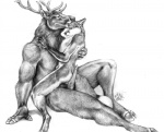 animal_genitalia anthro antlers biceps bodily_fluids dipstick_tail duo erection fingers fully_sheathed genital_fluids genitals hooved_fingers hooves horn interspecies larger_male male male/male markings muscular pecs penis precum predator/prey romantic romantic_couple sheath size_difference smaller_male tail tail_markings worried blotch canid canine cervine deer elk fox mammal red_fox true_fox greyscale monochrome