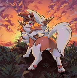 ambiguous_gender brown_body brown_fur cloud digitigrade featureless_crotch feral fur grass looking_back multicolored_body multicolored_fur outside pawpads plant rear_view red_eyes solo sunset white_body white_fur pinkgermy nintendo pokemon canid canine dusk_lycanroc generation_7_pokemon lycanroc mammal pokemon_(species) hi_res