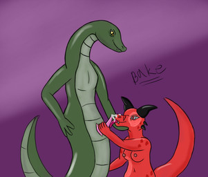 anthro apode bodily_fluids breasts burn_scar cum cum_in_mouth cum_inside cum_on_face duo fellatio female genital_fluids genitals green_body green_scales horn legless licking looking_at_another looking_at_partner male male/female non-mammal_breasts oral penile penis penis_lick red_body red_eyes red_scales scales scar serpentine sex slit_penis smile tongue tongue_out yellow_eyes bake_a_snake draconcopode kobold naga reptile scalie snake hi_res