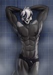 abs anthro black_nipples blue_eyes bulge clothing dripping_water glistening glistening_body hair looking_at_viewer male muscular muscular_male nipples pecs simple_background solo speedo steam swimwear tile tile_wall wall_(structure) water white_hair za-owl zaul_(za-owl) badger mammal mustelid musteline 2023 absurd_res digital_drawing_(artwork) digital_media_(artwork) hi_res