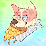 ambiguous_form brown_nose cheek_tuft ear_tuft eating eyebrows facial_tuft food fur gradient_background green_background grey_eyes grey_kerchief grey_neckerchief kerchief male multicolored_body multicolored_fur neckerchief neckwear no_pupils pink_body pink_eyebrows pink_fur pink_gums pizza pizza_in_mouth pizza_slice simple_background smile solo teeth text tuft yellow_body yellow_fur yellow_inner_ear chotpot canid canine canis domestic_dog mammal 1:1 2017 artist_name colored dated digital_drawing_(artwork) digital_media_(artwork) english_description headshot_portrait icon portrait shaded simple_shading