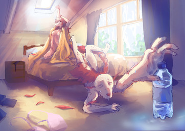 after_sex anthro bald barely_visible_genitalia barely_visible_vulva bed bedding bedroom bite_mark blanket bodily_fluids bottle bra breasts clothing container convenient_censorship crossgender curtains_open day dehydration detailed_background duo exhausted feathered_tail feathers female fingers furniture genitals hair happy human_on_anthro humanoid_hands inside interspecies long_hair long_tail looking_at_another male male/female medium_breasts motion_lines mtf_crossgender non-mammal_breasts nude nude_anthro nude_female nude_human nude_male on_bed open_mouth pillow pink_body red_body red_feathers red_hair sitting smile stretching sweat sweatdrop sweaty_body tail tired underwear vulva water_bottle window big_daddy_(artist) cavemanon_studios goodbye_volcano_high ko_op_(game_developer) snoot_game anon_(snoot_game) reed_(gvh) reeda dinosaur dromaeosaurid human mammal prehistoric_species reptile saurischian scalie theropod velociraptor absurd_res colored digital_media_(artwork) digital_painting_(artwork) hi_res painting_(artwork) shaded