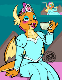 container crown cup female feral headgear makeup open_mouth princess royalty screencap sitting solo conditional_dnp jcosneverexisted friendship_is_magic hasbro my_little_pony mythology smolder_(mlp) dragon mythological_creature mythological_scalie scalie absurd_res hi_res