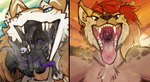 ambiguous_gender anthro blue_eyes blush bodily_fluids brown_body brown_eyes brown_fur cheek_tuft drooling duo facial_tuft forked_tongue fur hair head_tuft markings mouth_shot narrowed_eyes nude on_tongue open_mouth piercing purple_eyes purple_markings red_hair saliva saliva_string solo tongue tongue_piercing tongue_stud tuft white_body white_fur acidic avian canid canine mammal sergal hi_res multiple_images