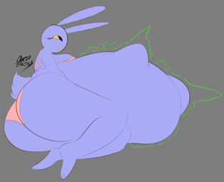 abdominal_bulge ambiguous_gender ambiguous_prey anthro belly big_belly big_butt black_eyes bra breasts butt clothing crossgender eyelashes female grey_background huge_belly huge_butt hyper hyper_belly lying motion_lines mtf_crossgender on_side panties pink_bra pink_clothing pink_panties pink_underwear purple_body purple_ears purple_tail scut_tail short_tail simple_background solo tail teeth thick_thighs underwear vore yellow_sclera yellow_teeth oveja-tactica glitch_productions the_amazing_digital_circus jax_(tadc) lagomorph leporid mammal rabbit 2025 colored digital_media_(artwork) flat_colors signature