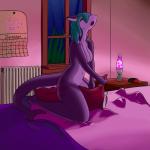 anthro bed bed_sheet bedding biped blanket blue_hair breasts calendar clock curvy_figure detailed_background eyes_closed featureless_breasts feet female fingers front_view furniture genitals hair heater highlights_(coloring) holding_object humanoid_feet inside kneeling lamp lava_lamp leg_grab light lights long_tail looking_pleasured masturbation multicolored_body multicolored_tail night nightstand non-mammal_breasts nude open_mouth pillow pink_background pivoted_ears plantigrade purple_body pussy simple_background solo stripes tail thick_thighs wide_hips window fur-lucre wildberry fish marine shark 1:1 2019 colored digital_media_(artwork) hi_res lighting