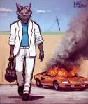 80's_theme 80s_clothing alternate_species anthro bag black_body black_fur blue_clothing blue_topwear bottomwear car clothed clothing fire front_view fur furrification headlights holding_object horn male outside parody serious smoke solo topwear vehicle walking white_bottomwear white_clothing white_topwear sligarthetiger lamborghini lamborghini_countach miami_vice ehru_(sligarthetiger) canid canine canis hybrid mammal wolf