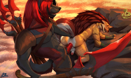 anal anal_penetration anthro balls bodily_fluids butt duo erection fur genital_fluids genitals hair male male/male male_penetrated male_penetrating male_penetrating_male nude penetration penis sex smile tail hallas afk_arena afk_journey lilith_games darashi_kuso odie_(afk_journey) canid canine canis humanoid hyena mammal wolf absurd_res digital_media_(artwork) hi_res