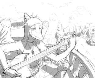 anthro bass_guitar bottomwear clothing denim denim_bottomwear denim_clothing elbow_feathers eyelashes feathered_wings feathers female fingers guitar guitar_pick hair halter_top jeans jewelry long_hair musical_instrument necklace outside pants plucked_string_instrument sitting snout solo string_instrument wings no2r0066 cavemanon_studios goodbye_volcano_high ko_op_(game_developer) snoot_game fang_(gvh) prehistoric_species pterosaur reptile scalie 2023 black_and_white hi_res monochrome nonbinary_(lore)