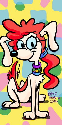 alternate_species black_nose blue_collar collar eyewear female feral floppy_ears fur glasses hair hair_fur ponytail purple_collar red_body red_fur red_hair solo tail tail_motion tailwag toony wearing_glasses white_body white_fur yellow_collar spongefox disney pepper_ann_(series) pepper_ann_pearson canid canine canis domestic_dog mammal hi_res