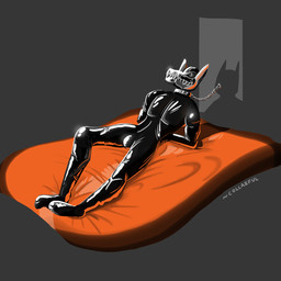anthro armor bdsm bed bodysuit bondage bound bulge chain chained clothing collar furniture hands_behind_back headgear helmet latex latex_clothing latex_skinsuit male metal metal_collar simple_background skinsuit solo tight_clothing collarful canid canine canis mammal wolf 1:1 digital_media_(artwork) hi_res