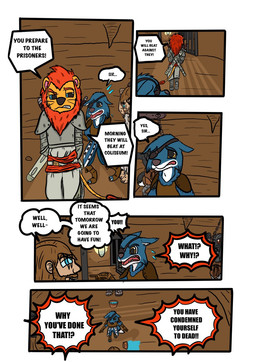 anthro brown_hair dialogue dungeon fantasy group guard hair male shadow_(garrus368) smile text yellow_eyes garrus368 arboj_(garrus368) nova_(garrus368) canid canine canis felid human lion mammal pantherine wiffen_(specie) wolf comic english_text hi_res