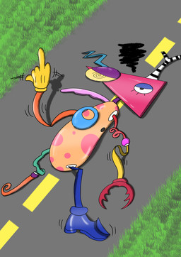 blue_clothing blue_footwear clothing flattened footwear for_a_head gesture grass hand_gesture lying middle_finger not_furry not_furry_focus plant road shadow solo spiral spiral_eyes yellow_glove omegaincnew glitch_productions the_amazing_digital_circus zooble_(tadc) living_toy object_head 2025 absurd_res digital_drawing_(artwork) digital_media_(artwork) hi_res tagme nonbinary_(lore)