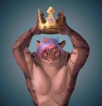 anthro arms_above_head biceps black_lips crown fluffy fur gold_(metal) hair headgear holding_object humor lips looking_at_viewer male messy_hair multicolored_body muscular muscular_anthro muscular_male nipples nude pink_eyes pink_nose simple_background solo stare striped_body striped_fur stripes two_tone_body hazed01 burger_king bree_mak_(bree) felid feline mammal pantherine tiger absurd_res digital_media_(artwork) hi_res meme shaded simple_shading