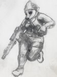 anthro breasts cleavage clothed clothing female footwear fully_clothed gun headgear headkerchief headwear kerchief ranged_weapon rifle shoes solo weapon oddwilds badger mammal mustelid musteline 2022 graphite_(artwork) greyscale hi_res monochrome traditional_media_(artwork)