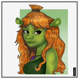 bangs black_hair_tie braided_hair breasts brown_eyebrows brown_eyes closed_smile clothed clothed_female clothed_humanoid clothing ear_stalk eyebrows eyelashes facial_piercing female female_humanoid green_body green_clothing green_lips green_shirt green_skin green_tank_top green_topwear hair jewelry light lips logo long_hair mouth_closed necklace nose_piercing nose_ring not_furry orange_hair piercing ponytail rectangle ring_piercing shirt simple_background smile solo tank_top thick_eyebrows topwear white_background leandro_sans dreamworks shrek_(series) felicia_(shrek) humanoid ogre 1:1 2025 artist_logo bust_portrait english_description lighting portrait shaded