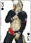 2017 abs animal_genitalia animal_penis anthro canid canine canine_genitalia canine_penis canis card card_template clothed clothing copyright_symbol coyote crotch_grab digital_media_(artwork) erection fonyaa fur genitals grope hat headgear headwear knot male mammal military muscular muscular_anthro muscular_male navy pecs penis playing_card playing_card_template sailor_uniform simple_background smile solo spades_(suit) standing suit_symbol symbol three_of_spades u.s._navy undressing