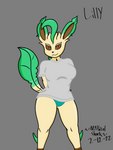 anthro big_breasts breasts clothed clothing female fur grey_clothing grey_shirt grey_t-shirt grey_topwear looking_at_viewer panties shirt simple_background smile solo t-shirt tail teal_clothing teal_panties teal_underwear text topwear underwear mythicalshork nintendo pokemon lilly_(mythicalshork) animal_humanoid eeveelution generation_4_pokemon humanoid leafeon mammal pokemon_(species) 2022 3:4 absurd_res digital_media_(artwork) hi_res shaded signature