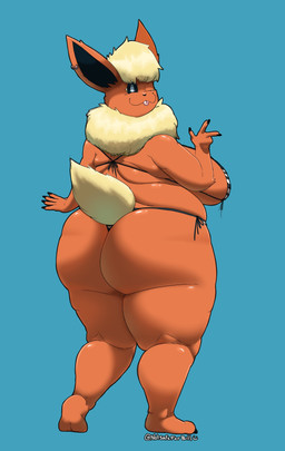 anthro anthrofied big_breasts big_butt big_ears black_clothing black_eyes black_nails black_nose black_swimwear blue_background breasts butt clothing colored_nails ear_piercing female fur gesture hand_gesture head_tuft huge_breasts huge_butt looking_at_viewer looking_back looking_back_at_viewer nails neck_tuft one_eye_closed orange_body orange_fur pattern_clothing pattern_swimwear piercing rear_view simple_background smile solo striped_clothing striped_swimwear stripes swimwear tan_body tan_fur thick_thighs tongue tongue_out tuft v_sign white_clothing white_swimwear wide_hips wink winking_at_viewer unfunnybill nintendo pokemon eeveelution flareon generation_1_pokemon pokemon_(species) absurd_res hi_res