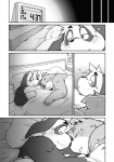 anthro bear bed canid canine canis comic cuddling domestic_dog eyes_closed furniture greyscale hi_res inside male male/male mammal monochrome obese overweight pillow sleeping takagi_kyou tired