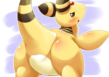 ambiguous_gender blush brown_eyes butt featureless_crotch looking_at_viewer looking_back null open_mouth raised_tail solo tail yellow_body yellow_skin ukan_muri nintendo pokemon ampharos generation_2_pokemon pokemon_(species)