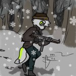 anthro breath clothing detailed_background grey_smoke hat headgear headwear holding_object holding_weapon looking_back magazine_(gun) male simple_coloring simple_eyes simple_nose smoke solo walking weapon winter kevthefox cold_war canid canine fox mammal 1:1 shaded simple_shading