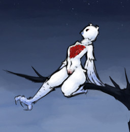 anthro beak feathered_wings feathers female genitals looking_up navel non-mammal_navel non-mammal_vulva nude sharp_teeth simple_background sky solo teeth unusual_anatomy vulva white_body wings alexleviafan lobotomy_corporation project_moon punishing_bird abnormality_(project_moon) avian bird monster digital_media_(artwork)