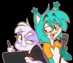 anthro blue_body blue_fur blush drawing_tablet duo electronics eyewear female fur glasses long_ears male microphone purple_body purple_fur smile smirk tablet ashley_nichols hunicast hunibun kovicat felid lagomorph leporid mammal rabbit alpha_channel