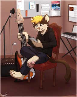 amplifier anthro bass_guitar belt black_bottomwear black_clothing black_pants black_topwear blonde_hair bottomwear brown_belt brown_body brown_ears brown_fur brown_tail cellphone cheek_tuft closed_smile clothed clothing crossed_legs electronics facial_tuft fur glistening glistening_eyes guitar hair holding_cellphone holding_guitar holding_musical_instrument holding_object holding_phone holding_smartphone inside keyboard_instrument looking_at_cellphone looking_at_object looking_at_phone male messy_hair microphone microphone_stand mouth_closed musical_instrument musical_keyboard narrowed_eyes orange_nose pants pawpads phone pink_pawpads plucked_string_instrument short_hair sitting smartphone smile solo speaker string_instrument tail tan_body tan_fur tan_inner_ear three-quarter_view topwear tuft whiskers pache_riggs domestic_cat felid feline felis mammal 4:5 hi_res signature
