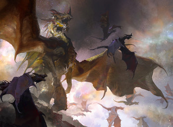 ambiguous_gender feral flying group horn membrane_(anatomy) membranous_wings open_mouth size_difference spread_wings standing star tail wings jaime_jones hasbro magic:_the_gathering mythology wizards_of_the_coast the_ur-dragon dragon mythological_creature mythological_scalie scalie hi_res official_art