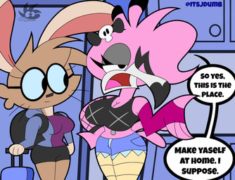 anthro armwear beak big_breasts black_eyes bottomwear bow_ribbon breasts brown_body cleavage clothed clothing denim denim_bottomwear denim_clothing denim_shorts dialogue duo eyelashes eyewear female fingerless_gloves fishnet_armwear fishnet_clothing glasses gloves handwear hoodie navel navel_piercing open_mouth piercing pink_body shorts tail text topwear whiskers jdone flamma sarena_(jdone) avian bird flamingo lagomorph leporid mammal rabbit 2025 digital_media_(artwork) english_text hi_res