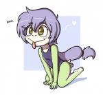 3_toes 5_fingers anthro biped blush brown_eyes clothed clothing feet female fingers green_body green_skin hair heart_symbol kneeling long_hair one-piece_swimsuit purple_hair simple_background smile solo swimwear toes tongue tongue_out young aggie_(artist) emma_(shouk) amphibian arthropod fly_(animal) frog insect 2018 digital_media_(artwork)