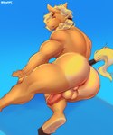 anthro anus balls butt genitals hair hooves humanoid_genitalia humanoid_penis lying lying_on_ground male muscular muscular_anthro muscular_male on_ground penis penis_tuck rear_view simple_background solo stretching_legs tan_body white_hair snaftfc equid equine horse mammal 5:6 absurd_res hi_res