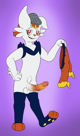 anthro balls clothing erection flat_cap foreskin genitals hat headgear headwear humanoid_genitalia humanoid_penis legwear male mostly_nude penis retracted_foreskin solo thigh_highs thigh_highs_only vein veiny_penis mikey6193 nintendo pokemon cinderace generation_8_pokemon pokemon_(species) absurd_res hi_res