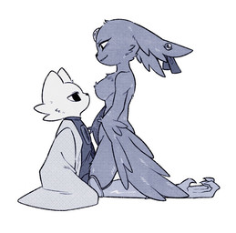 anthro avian_feet black_eyes black_nose breasts cheek_tuft clothed clothed_male clothing duo ear_piercing eyelashes facial_tuft featureless_breasts female floppy_ears forehead_gem gem lop_ears male male/female nude nude_female nude_female_clothed_male piercing prosthetic prosthetic_leg prosthetic_limb side_view simple_background thick_thighs tuft white_background wide_hips winged_arms wings le_(artist) nine_sols red_candle_games goumang_(nine_sols) yi_(nine_sols) felid feline mammal solarian