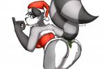 anthro blue_eyes bottomless butt clothed clothing female fur genitals grey_body grey_fur hat headgear headwear holidays kissing_bough mistletoe plant presenting presenting_hindquarters presenting_pussy pussy raised_tail simple_background solo tail wide_hips wintermadness christmas trish_(winter) mammal procyonid raccoon 2018 3:2 absurd_res hi_res