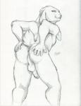 alternate_species anthro anus backsack balls biped butt erection floppy_ears genitals holding_butt humanoid_genitalia humanoid_penis leaning leaning_forward looking_back male penis presenting presenting_hindquarters rear_view smile solo standing vicekillx nazurah lagomorph leporid mammal rabbit 2016 hi_res monochrome sketch traditional_media_(artwork)