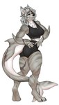 anthro black_sclera female fin gills leg_scar muscular scar solo sportswear tail_scar yellow_eyes spottedp_anda0046 a_man_in_a_beasts_world lupa_marble_(ghilliecamo) canid canine canis fish hybrid mammal marine shark wolf